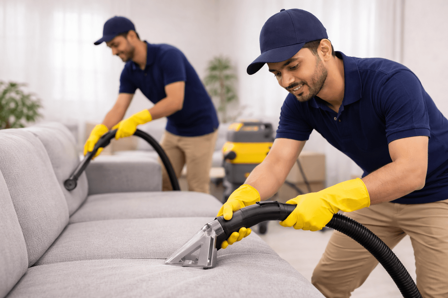 Professional cleaning a sofa at home